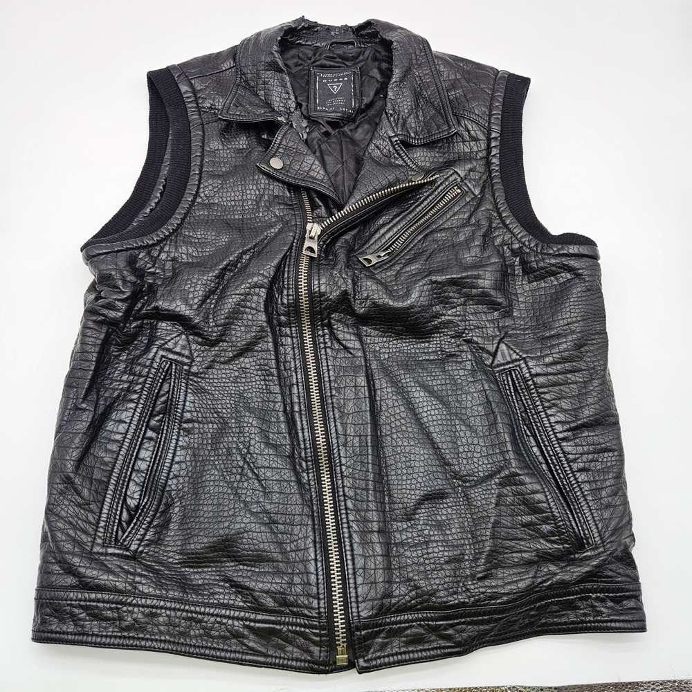 Guess Black Faux Leather‎ Crocodile Embossed Moto Vest Jacket Mens XL